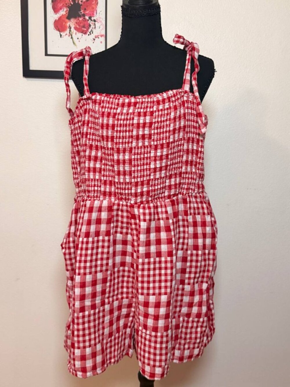Old Navy Red Gingham Romper Smocked Tie Strap Cottagecore Picnic Sz XXL